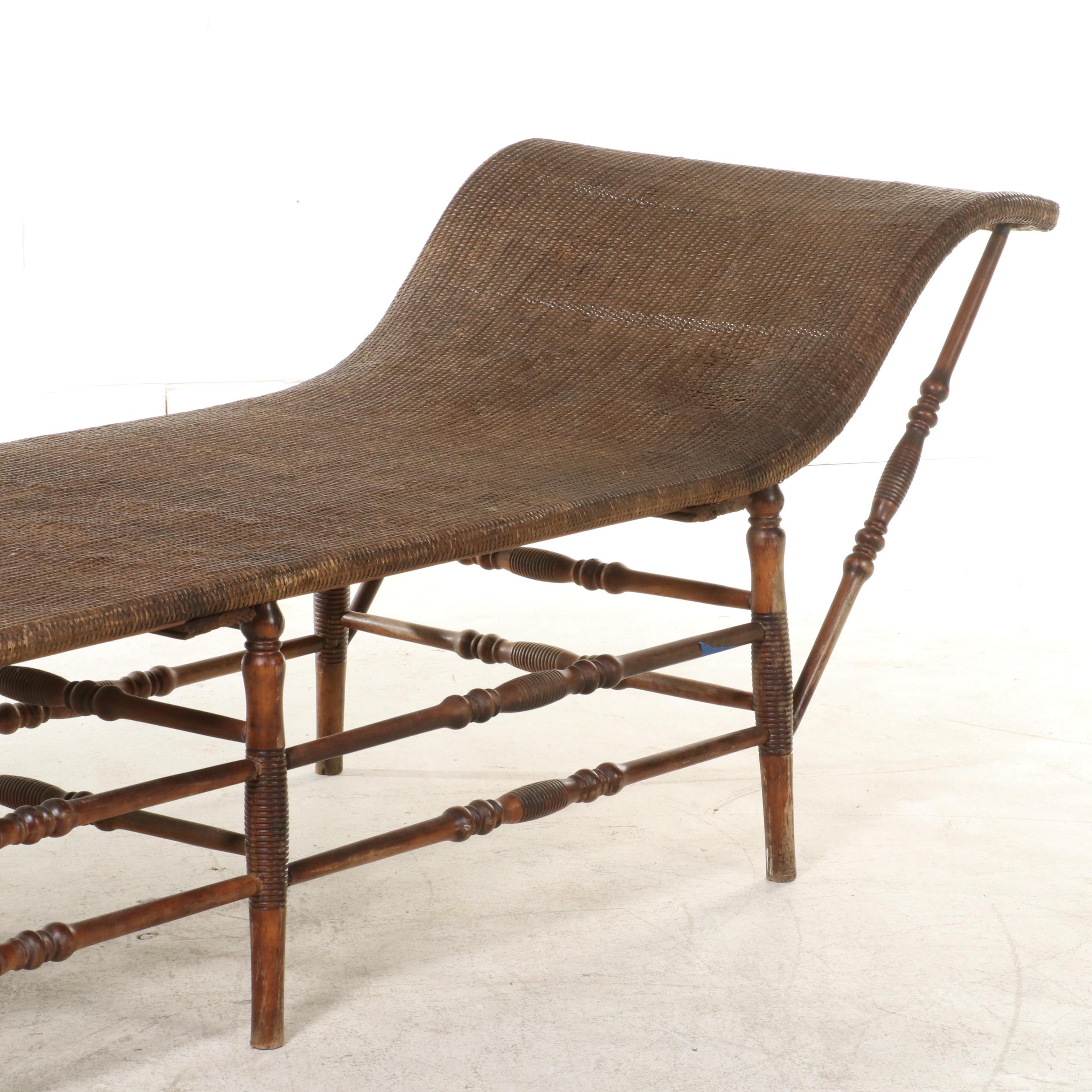 Victorian Wicker Chaise Lounge on Turned Legs with Stretchered Base