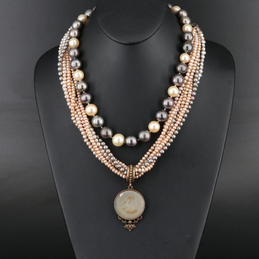 Pearl Multi-Strand Intaglio Cameo Pendant Necklace and Beaded Necklace