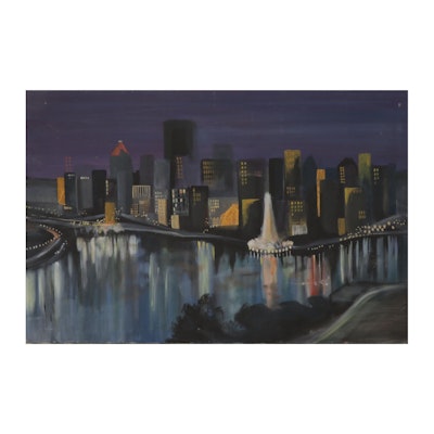 Pittsburgh Nocturnal City Skyline Oil Painting, Late 20th Century