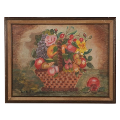Folk Art Still Life Oil Painting of Flowers and Fruit in Basket, 1964