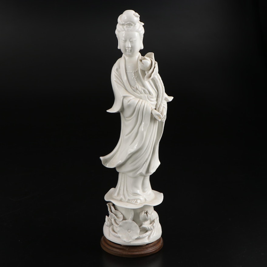 Chinese Blanc de Chine Porcelain Guanyin Figurine with Wood Stand