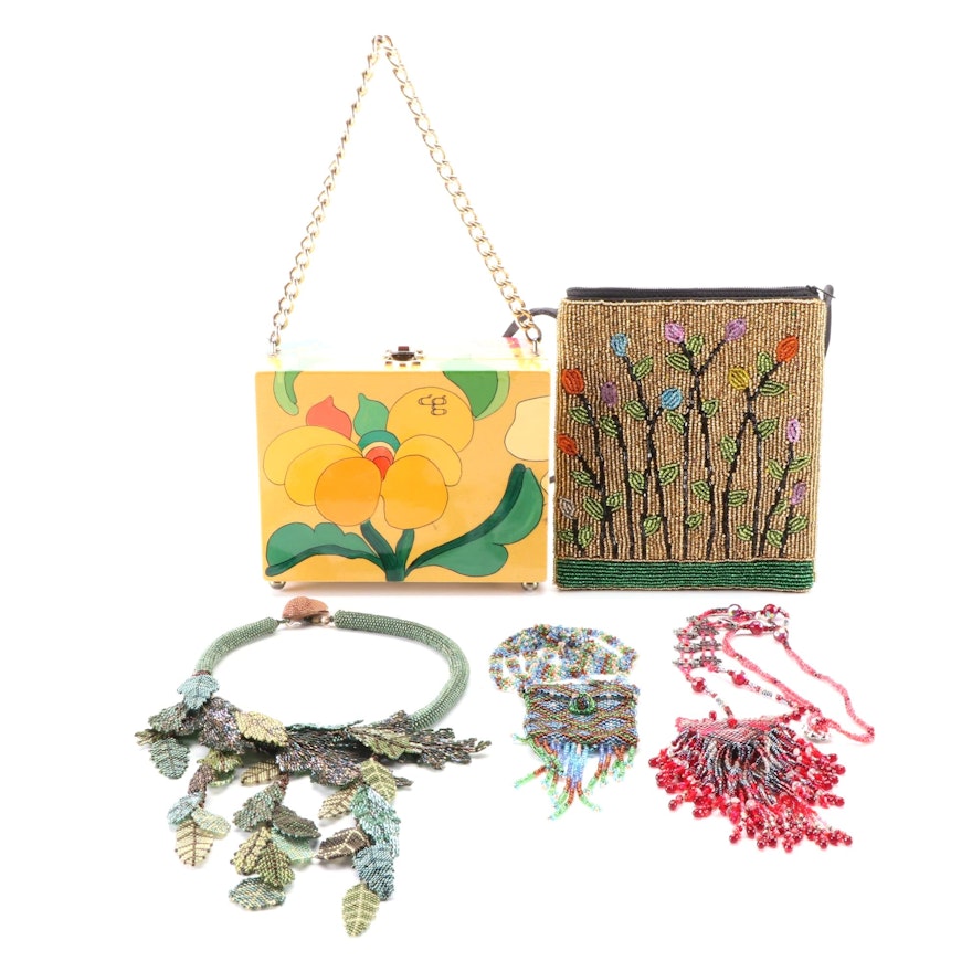 Beaded Necklaces and Shoulder Bag with Hand-Painted Wooden Box Purse