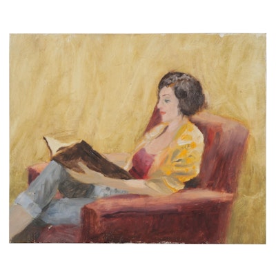 American School Oil Painting of a Woman Reading, 21st Century