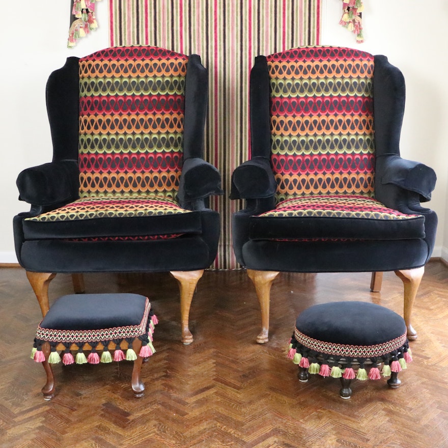 Pair of Queen Anne Style Custom-Upholstered Wingbacks with Footstools