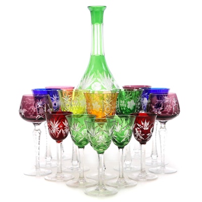 Bohemian Style Multicolored Cut to Clear Glass Stemware and Decanter