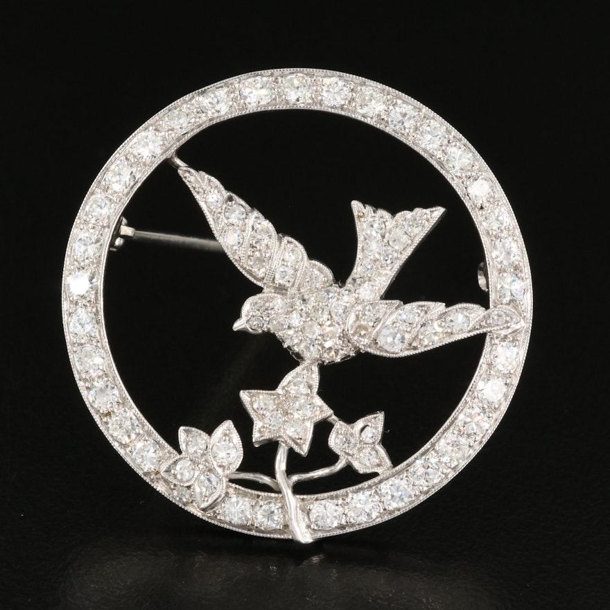 Early 1900s Platinum 2.43 CTW Diamond Bird Circle Pin