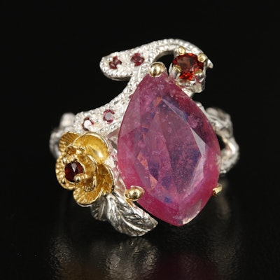 Sterling Teardrop Floral Ring with Corundum and Garnet