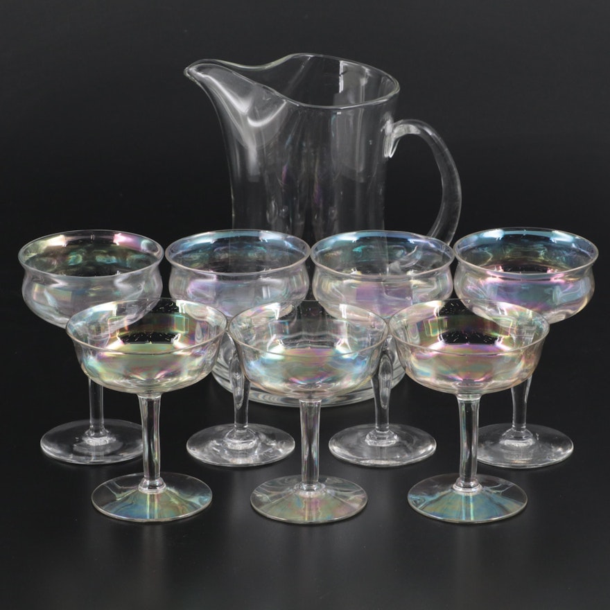 Rainbow Optic Glass Champagne Coupes with Clear Mold Blown Pitcher