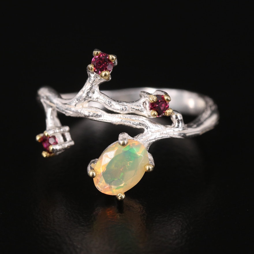 Sterling Opal and Rhodolite Garnet Branch Ring