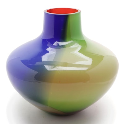 Blown Multi-Color Bulbous Art Glass Accent Vase