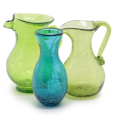 Blenko Style Blown Blue and Green Crackle Glass Vase and Handled Pitchers
