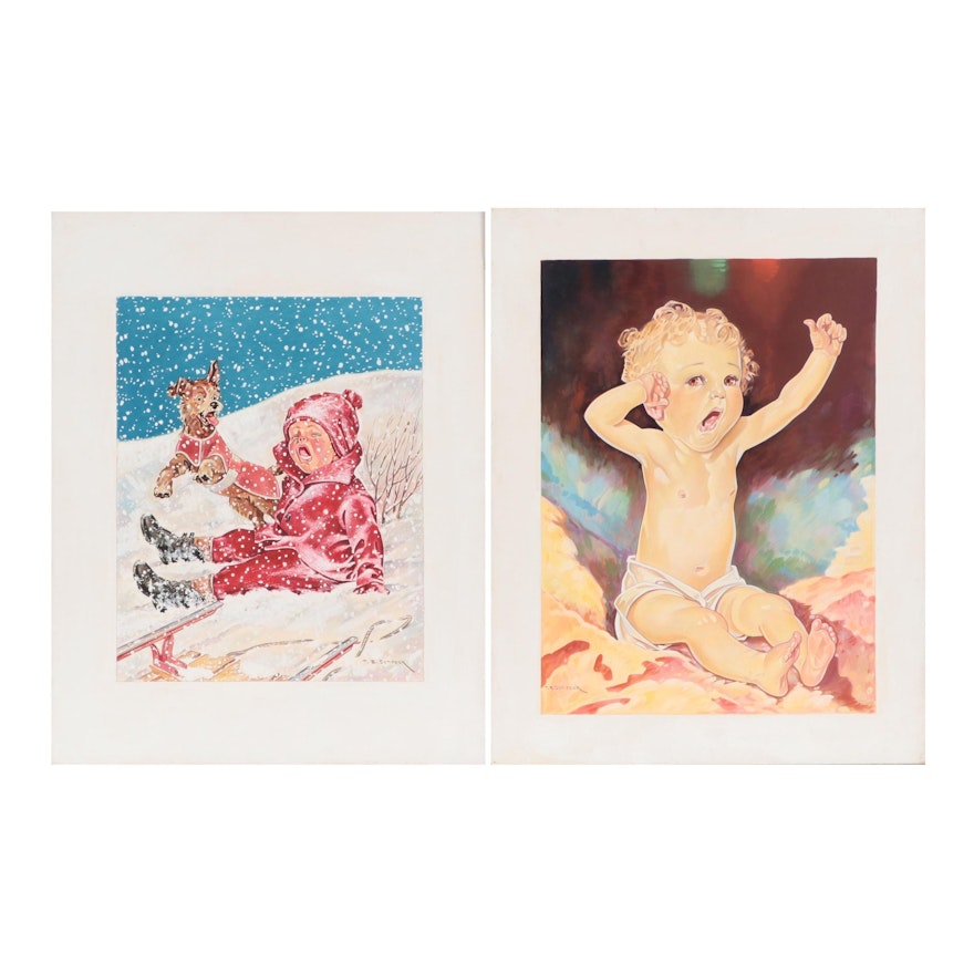 Ted E. Schrock Gouache Illustrations of Crying Children, Circa 1940