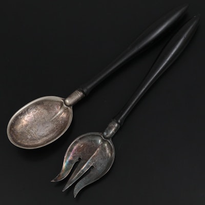 S.S. Co. Silver Plate Salad Servers with Lacquered Handles, Mid to Late 20th C.