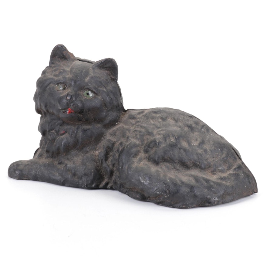 Hubley Style Cold Painted Cast Iron Reclining Cat Doorstop, Early/Mid-20th C