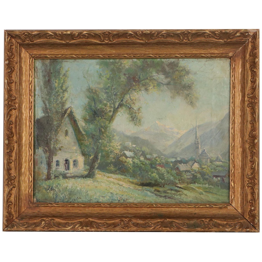 Oil Painting of Village Near Mountains, 1950