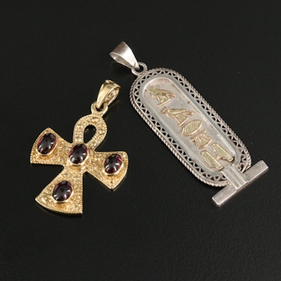 800 Silver Egyptian Cartouche and Sterling Garnet Ankh Pendants