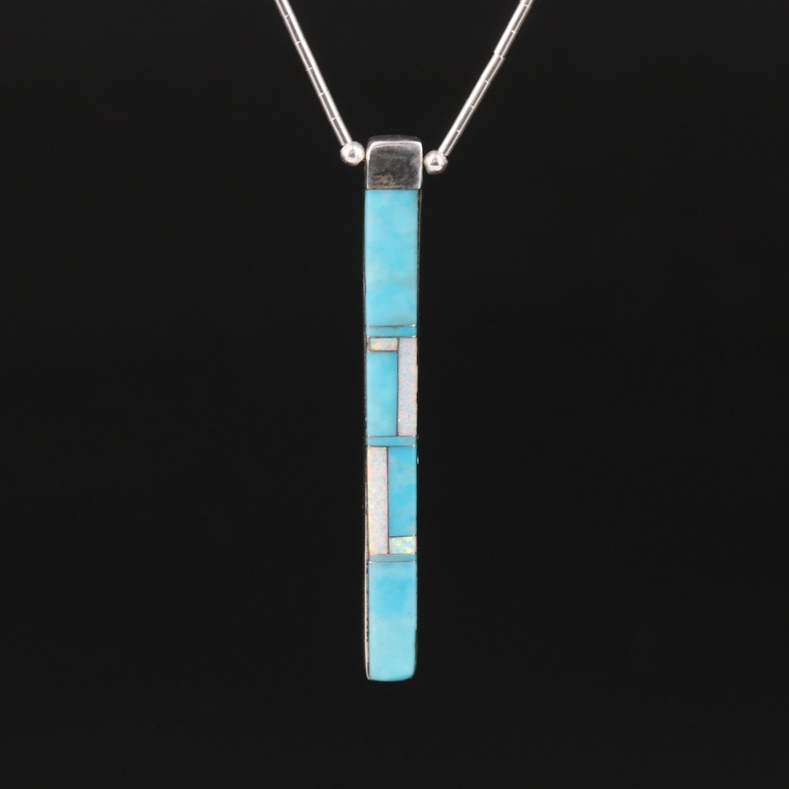 Sterling Opal and Imitation Turquoise Reversible Bar on Liquid Silver Necklace