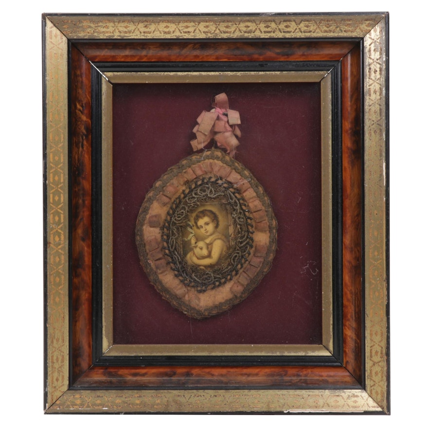 Eastlake Victorian Framed Embellished Lamb of God Holy Card, Mid-Late 19th C.
