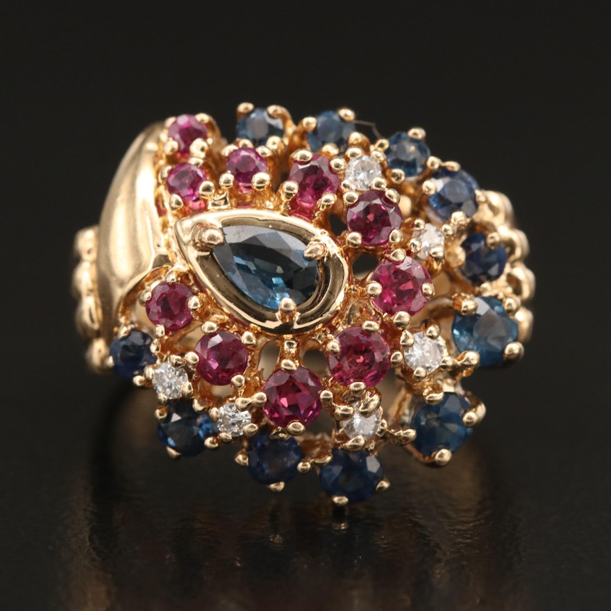 14K Sapphire, Ruby and Diamond Cluster Ring with Fluted Shoulders