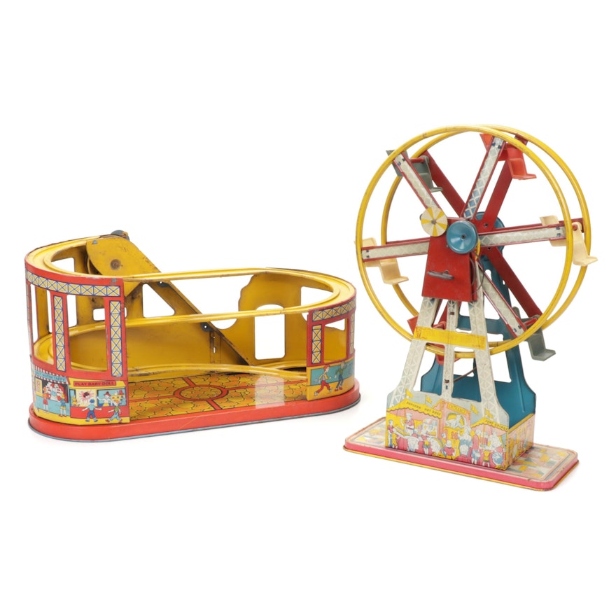 J. Chein & Co. Wind-Up Tin Litho Ferris Wheel and Rollercoaster Track