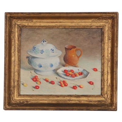 Still Life Oil Painting of Cherries and Tureen, Late 19th to Early 20th Century
