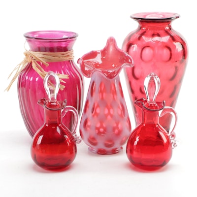Fenton and Other Pink Glass Coin Dot and Cranberry Vases with Ruby Red Curet Set