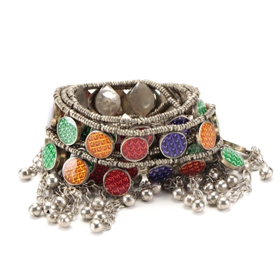 Handcrafted Silver Tone Double Chain Belt with Multicolored Discs/Bell Dangles