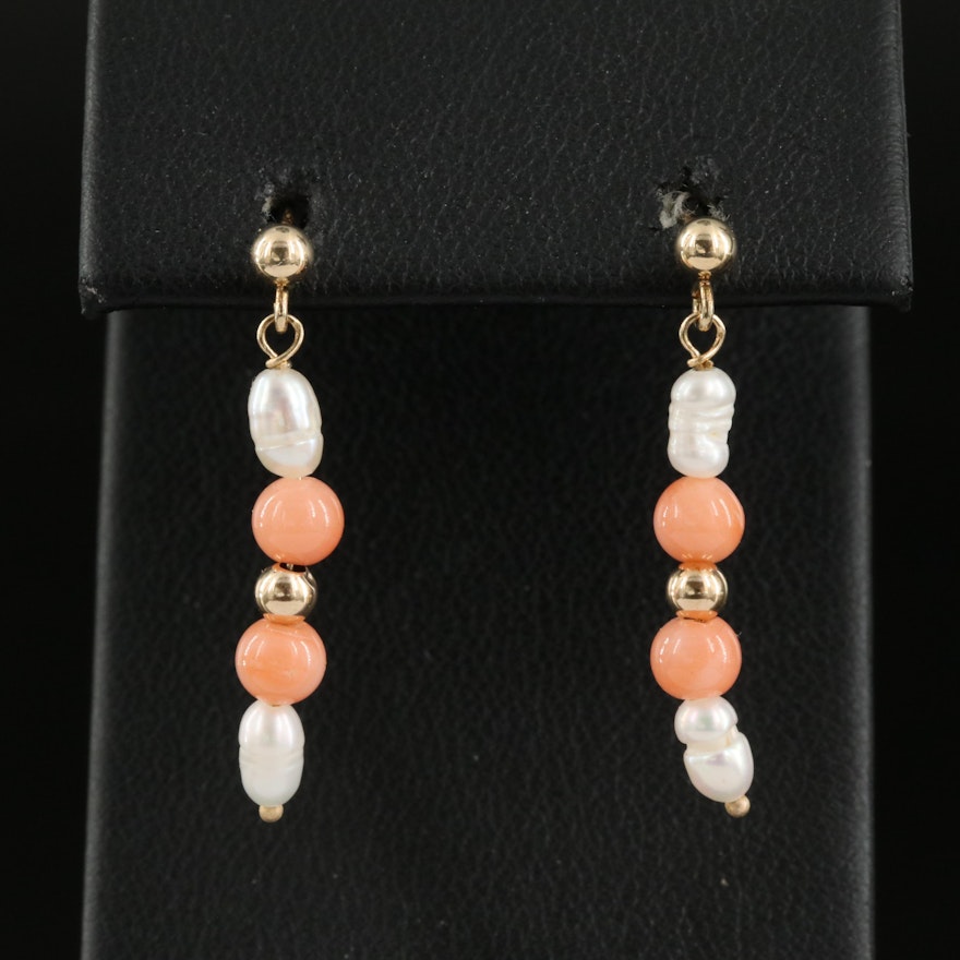 14K Coral and Pearl Drop Earrings