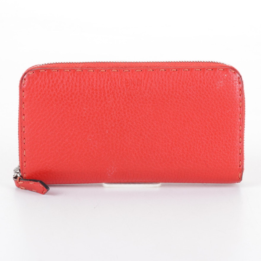 Fendi  Accordion Wallet in Red-Orange Pebbled Leather
