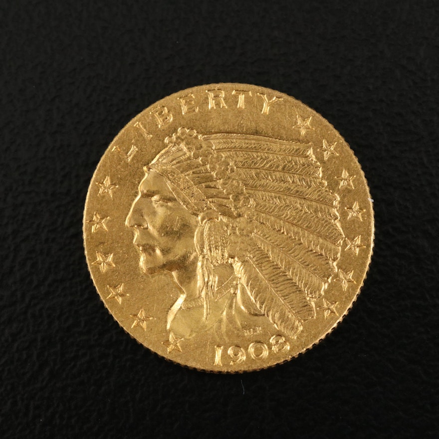 PCGS Genuine Bent AU Details 1908 Indian Head $2 1/2 Gold Coin