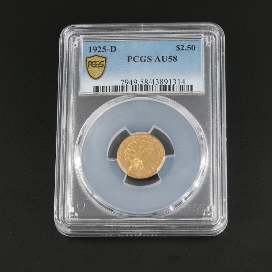 PCGS AU 58 1925-D Indian Head $2 1/2 Gold Coin