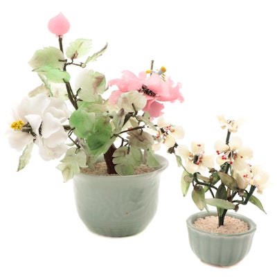 Chinese Glass Floral Bonsai Trees in Celadon Ceramic Pots