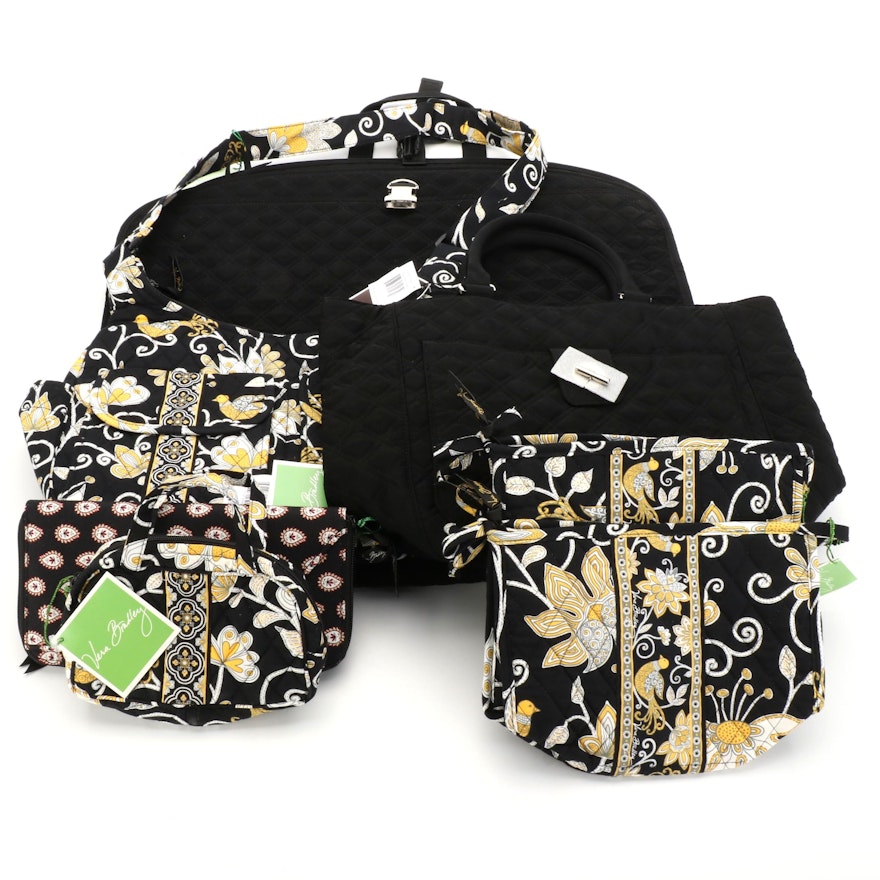 Vera Bradley "Yellow Bird" and Black Quilted Tote, Travel, and Accessory Bags
