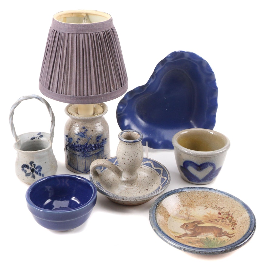 Nafziger and Other Salt Glazed Stoneware, Pottery and Table Lamp, Late 20th C.