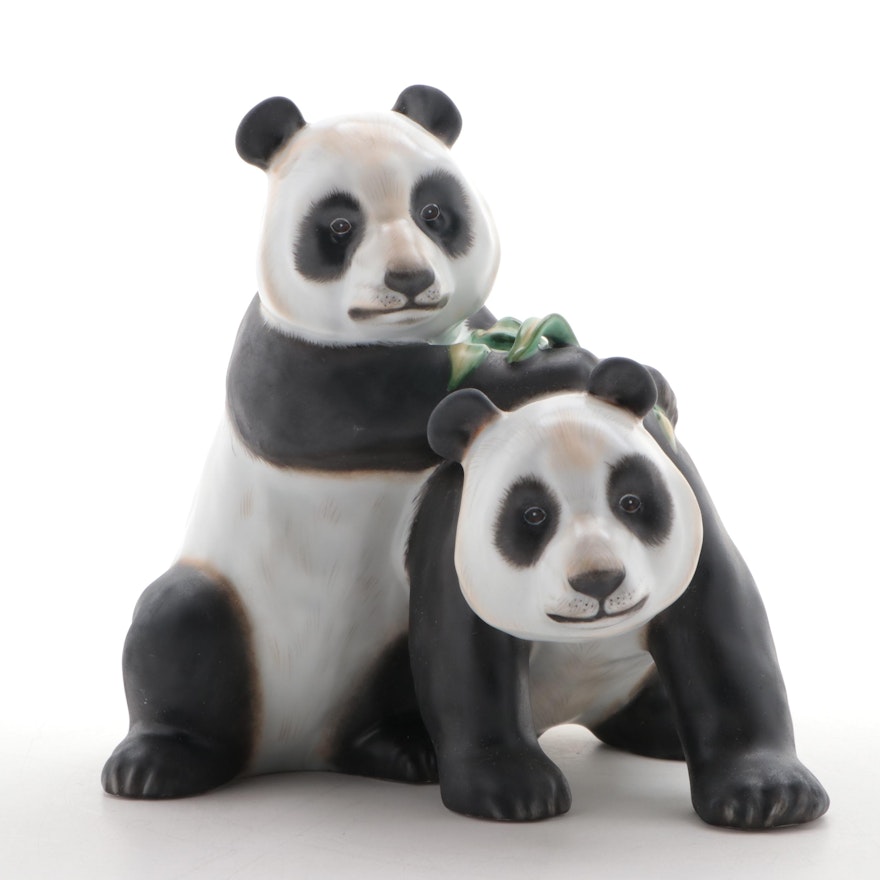 Herend Kingdom Classic Natural "Pair of Pandas" Porcelain Figurine, 2009