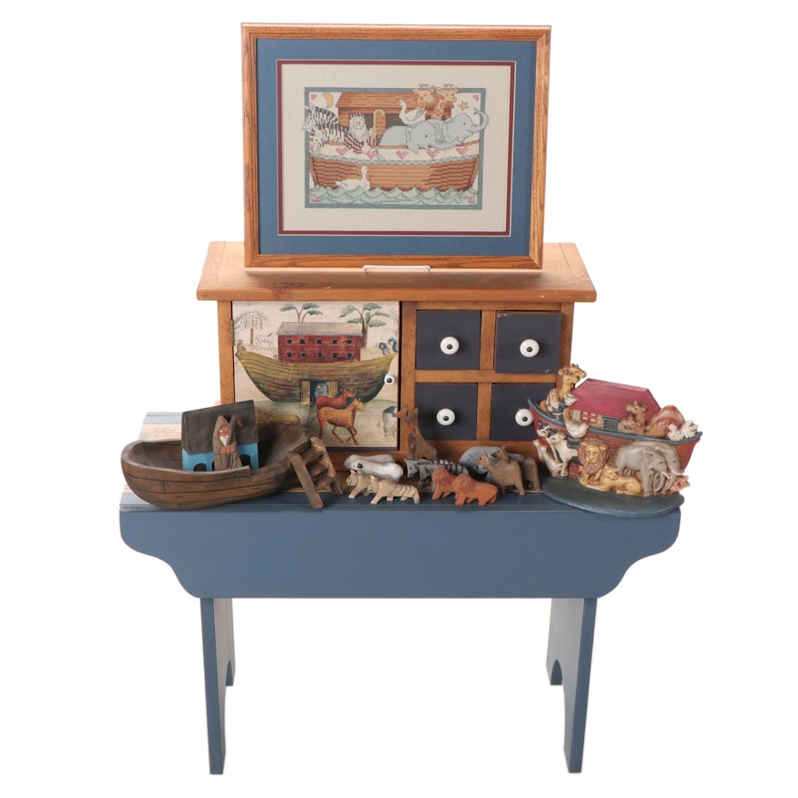 Primitive Style Paint-Decorated Chest, Bench and Décor with Noah's Ark Theme