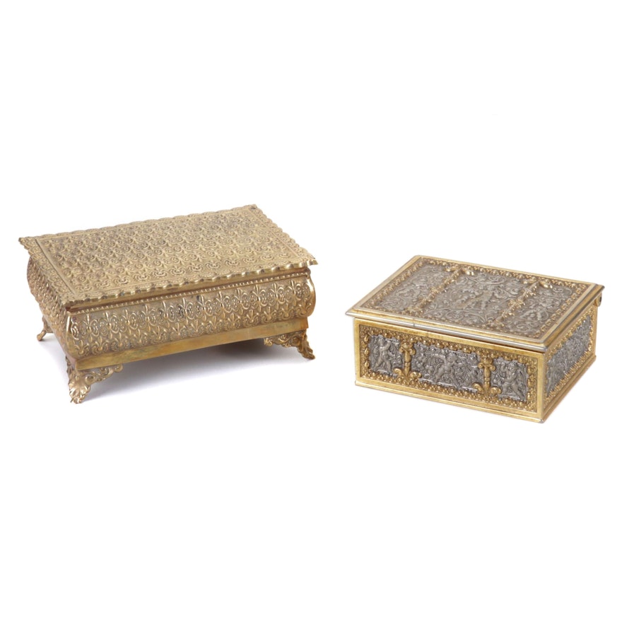 Baroque Style Repoussé Cigarette Box and Other Brass Footed Jewelry Box