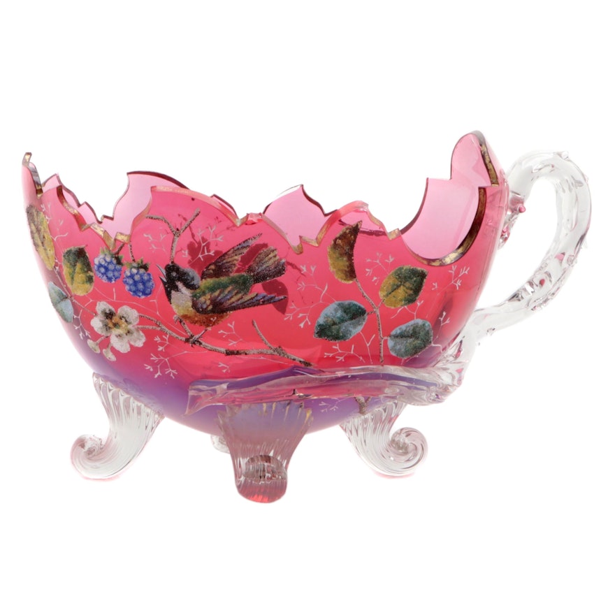 Victorian Cranberry Glass Nappy Bowl with Coralene Beaded Accents