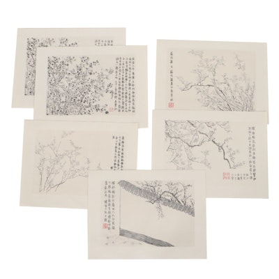 Chinese Woodblocks After Qing Dynasty Watercolor Painting of Cherry Blossoms
