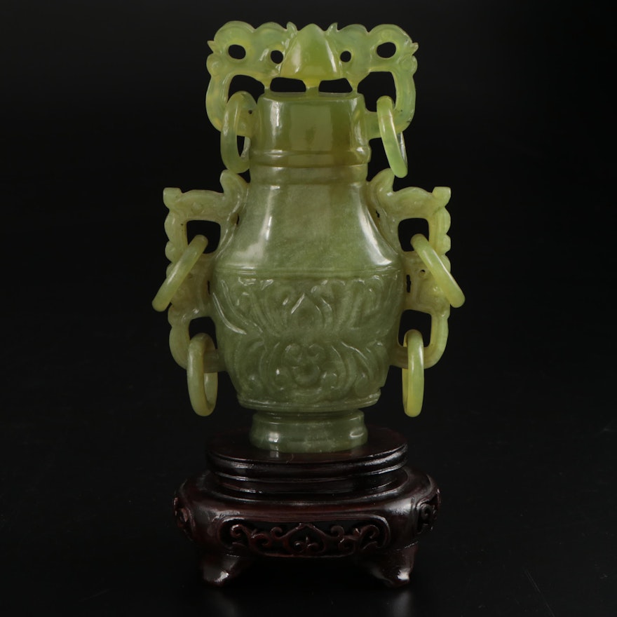 Chinese Carved Serpentine Covered Vase with Carved Wooden Base