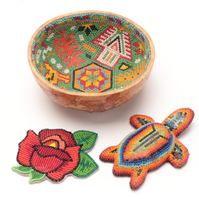Huichol Beaded Gourd Bowl with Beaded Turtle Figure and Rose Pin