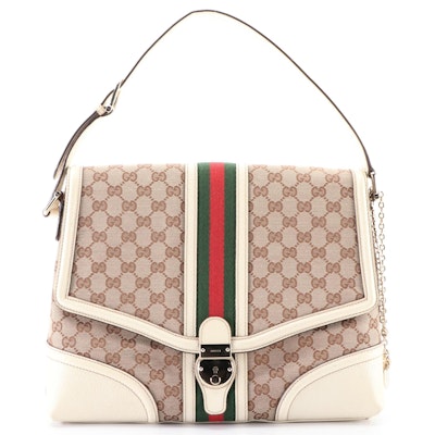 Gucci Treasure Flap Locking Shoulder Bag in GG Canvas and Off-White Leather Trim