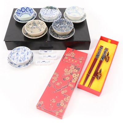 Japanese Porcelain Dipping Bowl Set with Chopsticks Set