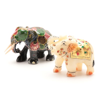 Southeast Asian Hand-Painted Wood and Calcite Elephant Figurines