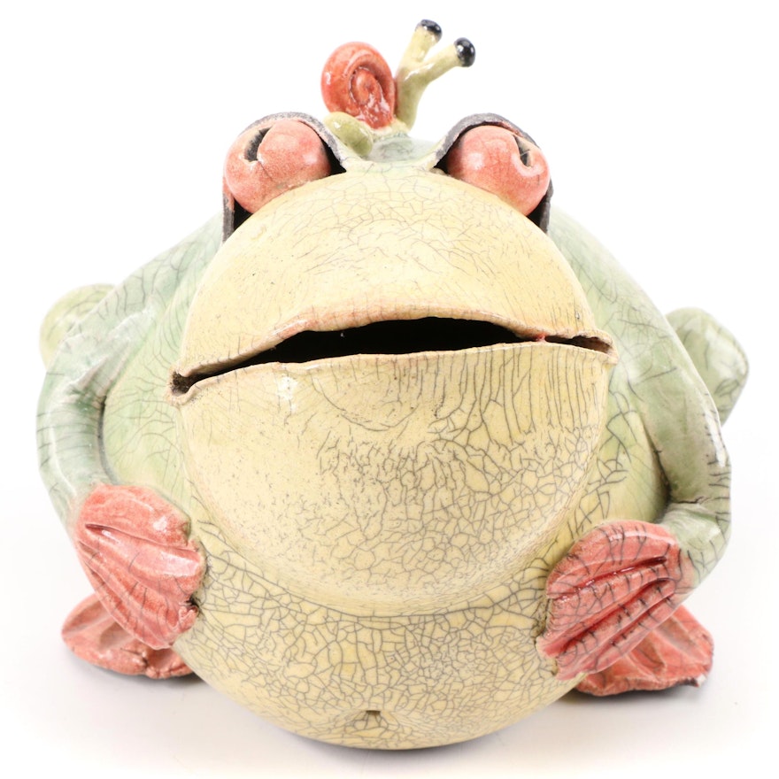 Peter Alsen Whimsical Raku Pottery Lidded Frog with Snail