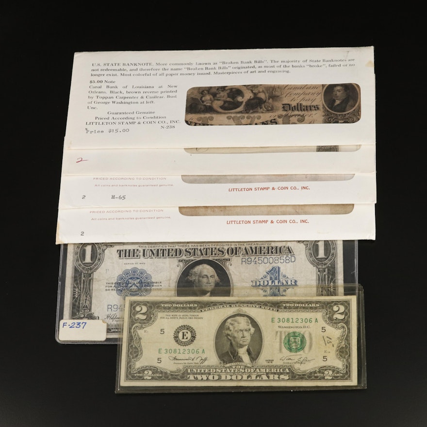 Eight U.S. Currency and Obsolete Bank Notes