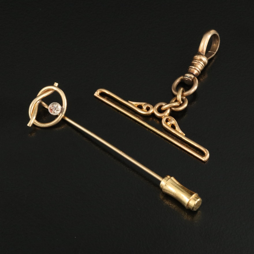 Vintage 14K 0.01 CT Diamond Knot Stick Pin and Watch Fob