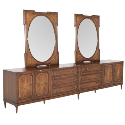 Union-National Walnut and Burl Sectional Dresser and Mirrors, Late 20th Century