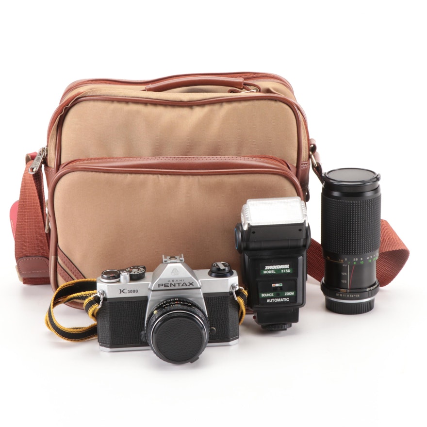 Asahi Pentax K1000 35mm Film Camera with Lenses, Flash Unit and Camera Bag