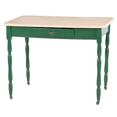 Painted Kitchen Table with Enameled Metal Top and Cutlery Drawer, 1930s